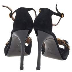 Pre Owned Yves Saint Laurent Black Suede Crystal Embellished Ankle Strap Sandals Size 37