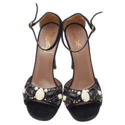 Pre Owned Yves Saint Laurent Black Suede Crystal Embellished Ankle Strap Sandals Size 37