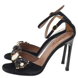 Pre Owned Yves Saint Laurent Black Suede Crystal Embellished Ankle Strap Sandals Size 37