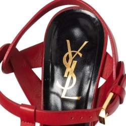 Pre Owned Yves Saint Laurent  Red  Leather Tribute Platform Sandals Size 36.5