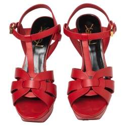 Pre Owned Yves Saint Laurent  Red  Leather Tribute Platform Sandals Size 36.5