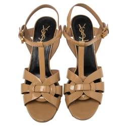 Pre Owned Yves Saint Laurent Beige Patent Leather Tribute Sandals Size 40