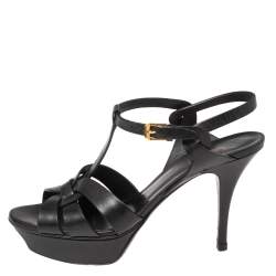Pre Owned Saint Laurent Black Leather Tribute Platform Sandals Size 40