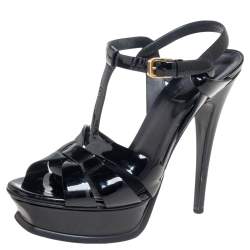 Pre Owned Saint Laurent Black Patent Leather Tribute Sandals Size 37