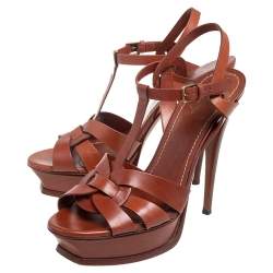 Pre Owned Yves Saint Laurent Brown Leather Tribute Platform Sandals Size 41