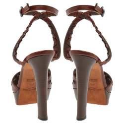 Pre Owned Saint Laurent Paris Brown Leather Cut Out Platform Ankle Strap Sandals Size 37.5