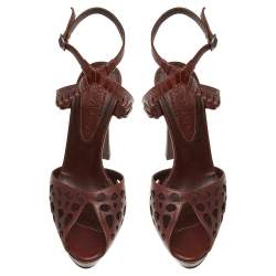 Pre Owned Saint Laurent Paris Brown Leather Cut Out Platform Ankle Strap Sandals Size 37.5