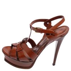 Pre Owned Yves Saint Laurent Brown Leather Tribute Platform Sandals Size 36.5