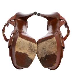 Pre Owned Yves Saint Laurent Brown Leather Tribute Platform Sandals Size 36.5