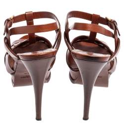 Pre Owned Yves Saint Laurent Brown Leather Tribute Platform Sandals Size 36.5