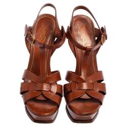 Pre Owned Yves Saint Laurent Brown Leather Tribute Platform Sandals Size 36.5