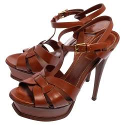Pre Owned Yves Saint Laurent Brown Leather Tribute Platform Sandals Size 36.5