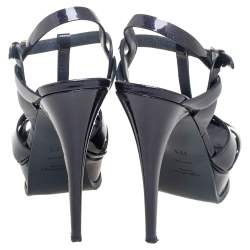 Pre Owned Yves Saint Laurent Navy Blue Textured Patent Leather Tribute Platform Sandals Size 39.5