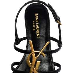 Pre Owned Yves Saint Laurent Cassandra Black Leather  Logo Slingback Sandals Size 37