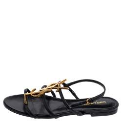 Pre Owned Yves Saint Laurent Cassandra Black Leather  Logo Slingback Sandals Size 37