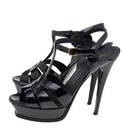 Pre Owned صندل أيف سان لوران سير كاحل نعل سميك تريبيوت جلد لامع أسود مقاس 40