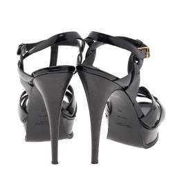 Pre Owned صندل أيف سان لوران سير كاحل نعل سميك تريبيوت جلد لامع أسود مقاس 40