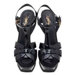 Pre Owned صندل أيف سان لوران سير كاحل نعل سميك تريبيوت جلد لامع أسود مقاس 40