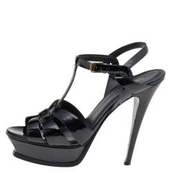 Pre Owned صندل أيف سان لوران سير كاحل نعل سميك تريبيوت جلد لامع أسود مقاس 40