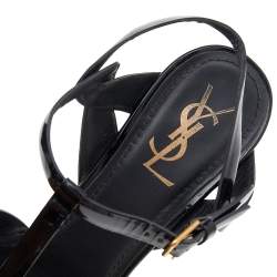 Pre Owned صندل أيف سان لوران سير كاحل نعل سميك تريبيوت جلد لامع أسود مقاس 40