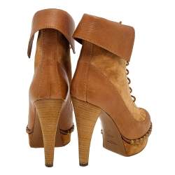 Pre Owned Yves Saint Laurent Brown Suede and Leather Platform Ankle Boots Size 37