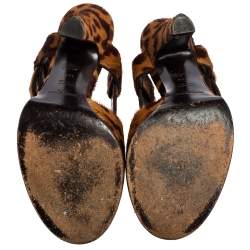 Pre Owned Saint Laurent Brown Leopard Print Calf Hair Slingback Sandals Size 36.5