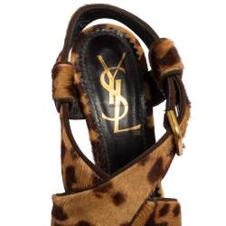 Pre Owned Saint Laurent Brown Leopard Print Calf Hair Slingback Sandals Size 36.5