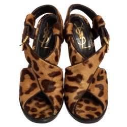 Pre Owned Saint Laurent Brown Leopard Print Calf Hair Slingback Sandals Size 36.5