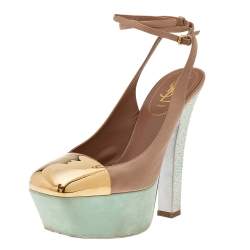 Pre Owned Yves Saint Laurent Gold/Brown Satin Platform Sandals Size 40