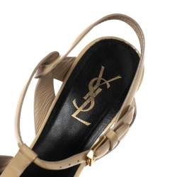 Pre Owned صندل سان لوران تريبوت جلد بيج لامع مقاس 39