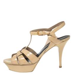 Pre Owned صندل سان لوران تريبوت جلد بيج لامع مقاس 39