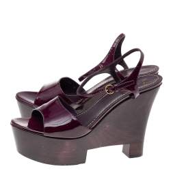 Pre Owned صندل أيف سان لوران كعب روكي نعل سميك سير كاحل جلد لامع أرجواني مقاس 41