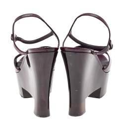 Pre Owned صندل أيف سان لوران كعب روكي نعل سميك سير كاحل جلد لامع أرجواني مقاس 41