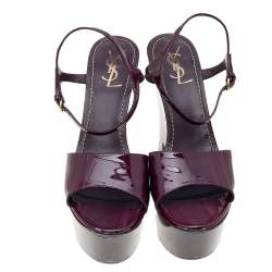 Pre Owned صندل أيف سان لوران كعب روكي نعل سميك سير كاحل جلد لامع أرجواني مقاس 41
