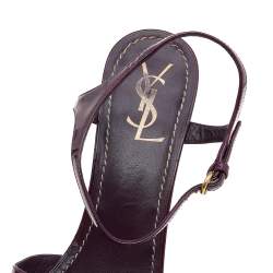 Pre Owned صندل أيف سان لوران كعب روكي نعل سميك سير كاحل جلد لامع أرجواني مقاس 41