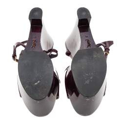 Pre Owned صندل أيف سان لوران كعب روكي نعل سميك سير كاحل جلد لامع أرجواني مقاس 41