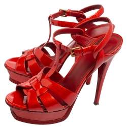 Pre Owned Yves Saint Laurent Red Patent Leather Tribute Platform Sandals Size 38.5