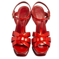 Pre Owned Yves Saint Laurent Red Patent Leather Tribute Platform Sandals Size 38.5