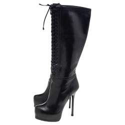 مملوكة مسبقًا Yves Saint Laurent Black Leather Tribtoo Platform Knee Length Boots Size 41.5
