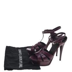 Pre Owned Saint Laurent Purple Croc Embossed Leather Tribute Platform Sandals Size 41