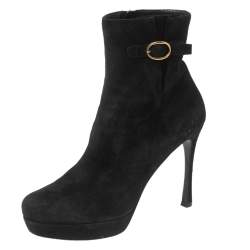 Saint Laurent Black Suede Buckle Platform Ankle Boots Size 41