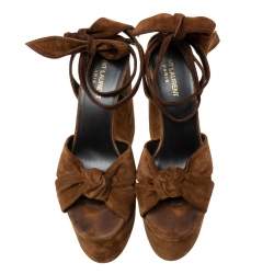 مملوكة مسبقًا Yves Saint Laurent Brown Suede Ankle Strap Platform Sandals Size 38