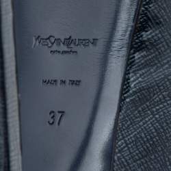 Pre Owned صندل إيف سان لوران تريبتو جلد لامع مزخرف أزرق فتحة كعب نعل سميك مقاس 37