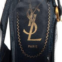 Pre Owned صندل إيف سان لوران تريبتو جلد لامع مزخرف أزرق فتحة كعب نعل سميك مقاس 37