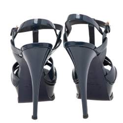 Pre Owned صندل سان لوران تريبوت جلد أزرق كحلي لامع نعل سميك مقاس 37