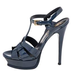 Pre Owned صندل  سان لوران تريبوت جلد أزرق كحلي لامع نعل سميك مقاس 37