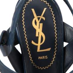 Pre Owned صندل سان لوران تريبوت جلد أزرق كحلي لامع نعل سميك مقاس 37