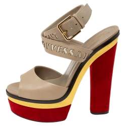 مملوكة مسبقًا Yves Saint Laurent Multicolor Leather And Suede Platform Ankle Wrap Sandals Size 38.5