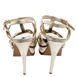 Pre Owned Yves Saint Laurent  Metallic Gold Leather Tribute Platform Sandals Size 38