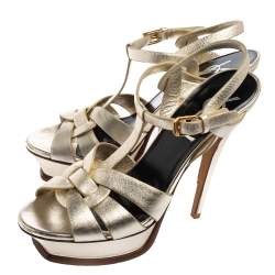 Pre Owned Yves Saint Laurent  Metallic Gold Leather Tribute Platform Sandals Size 38